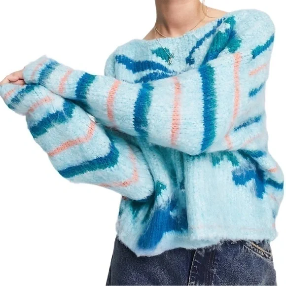 NWT Free People Lily Mixed Print Cropped Sweater, Sky Blue, Size XS - Picture 3 of 11